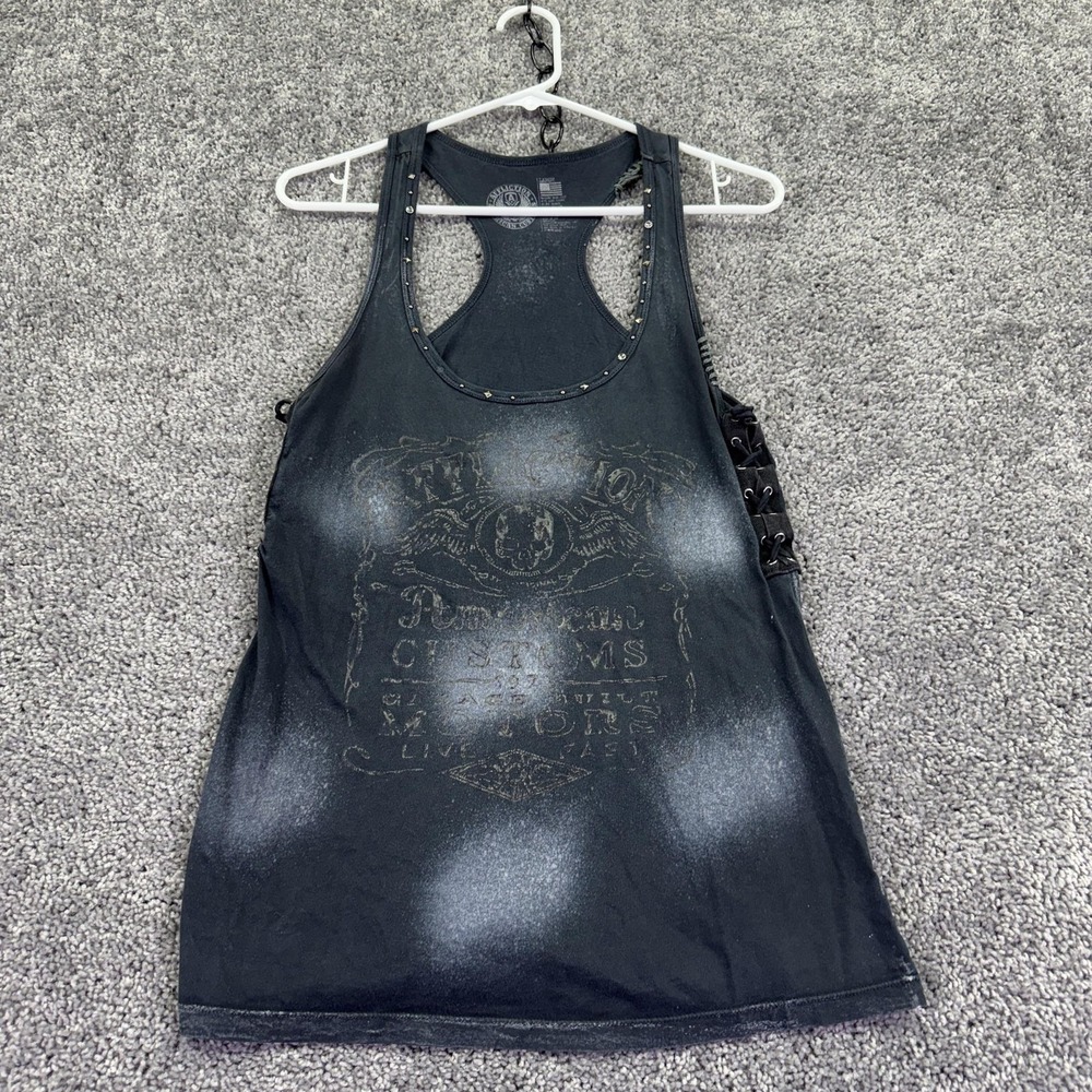 Affliction Tank Top Womens Large Black Studded Lace Up Racerback Graphic Biker